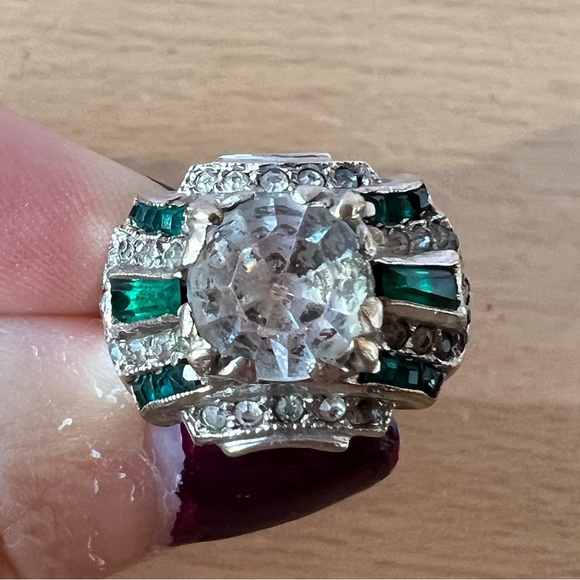 VINTAGE ART DECO GREEN CLEAR RHINESTONES GLASS COCKTAIL RING 925 STERLING SILVER